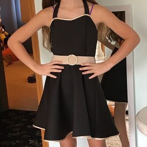 Un Deux Trois Scuba Black and Beige Halter Dress with Gold Belt - Girls Size 16